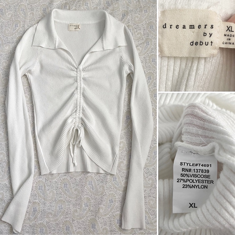 Dreamers by Debut (juniors) ribbed long sleeve scrunch top, white - Picture 2 of 7
